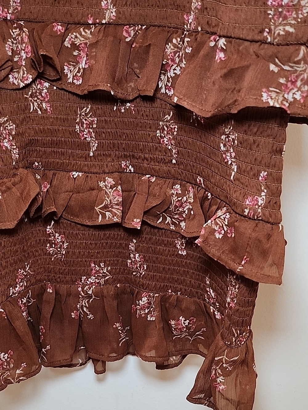 Abercrombie&Fitch Tie-Strap Smocked Mid Dress Chocolate brown floral print Sz XL - Picture 12 of 16
